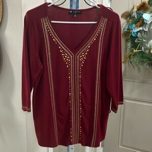 Red embellished v-neck blouse with 3/4 sleeves